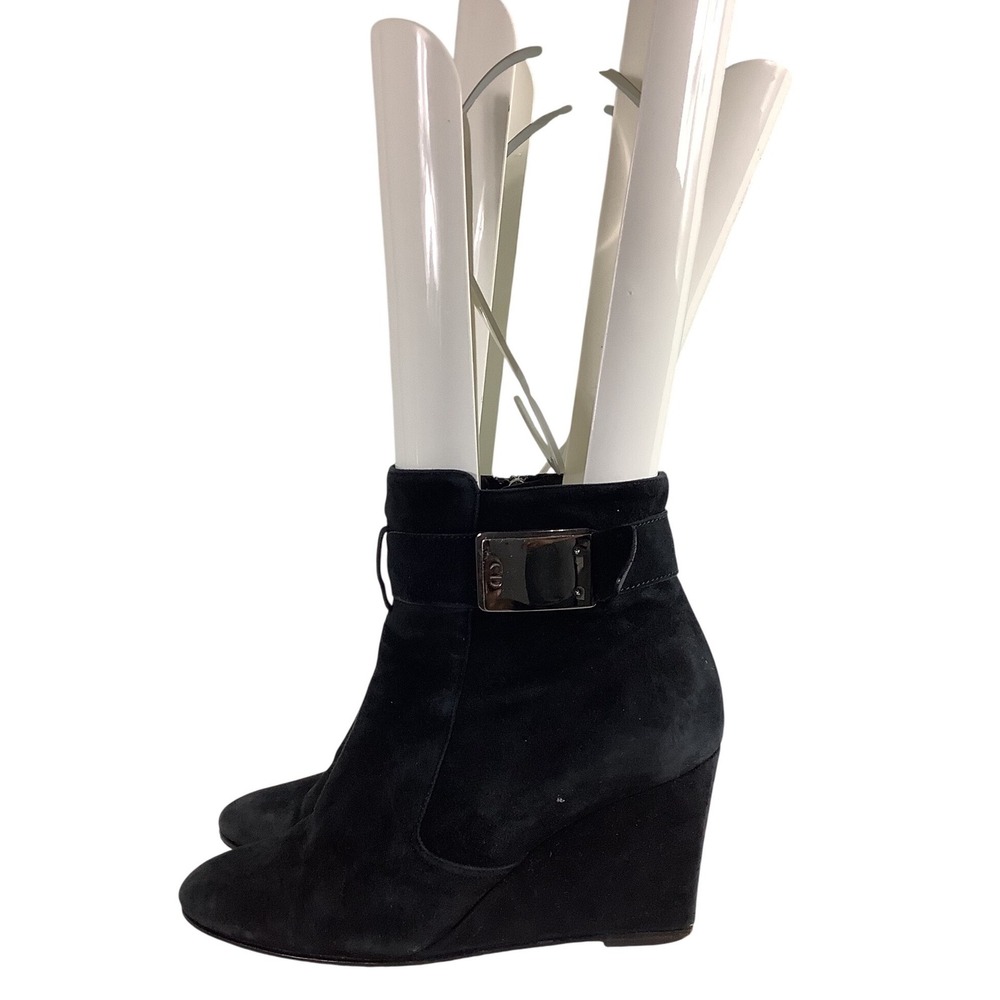 Christian Dior Black Suede Wedge Ankle Boots CD Logo Buckle Side Zip Booties